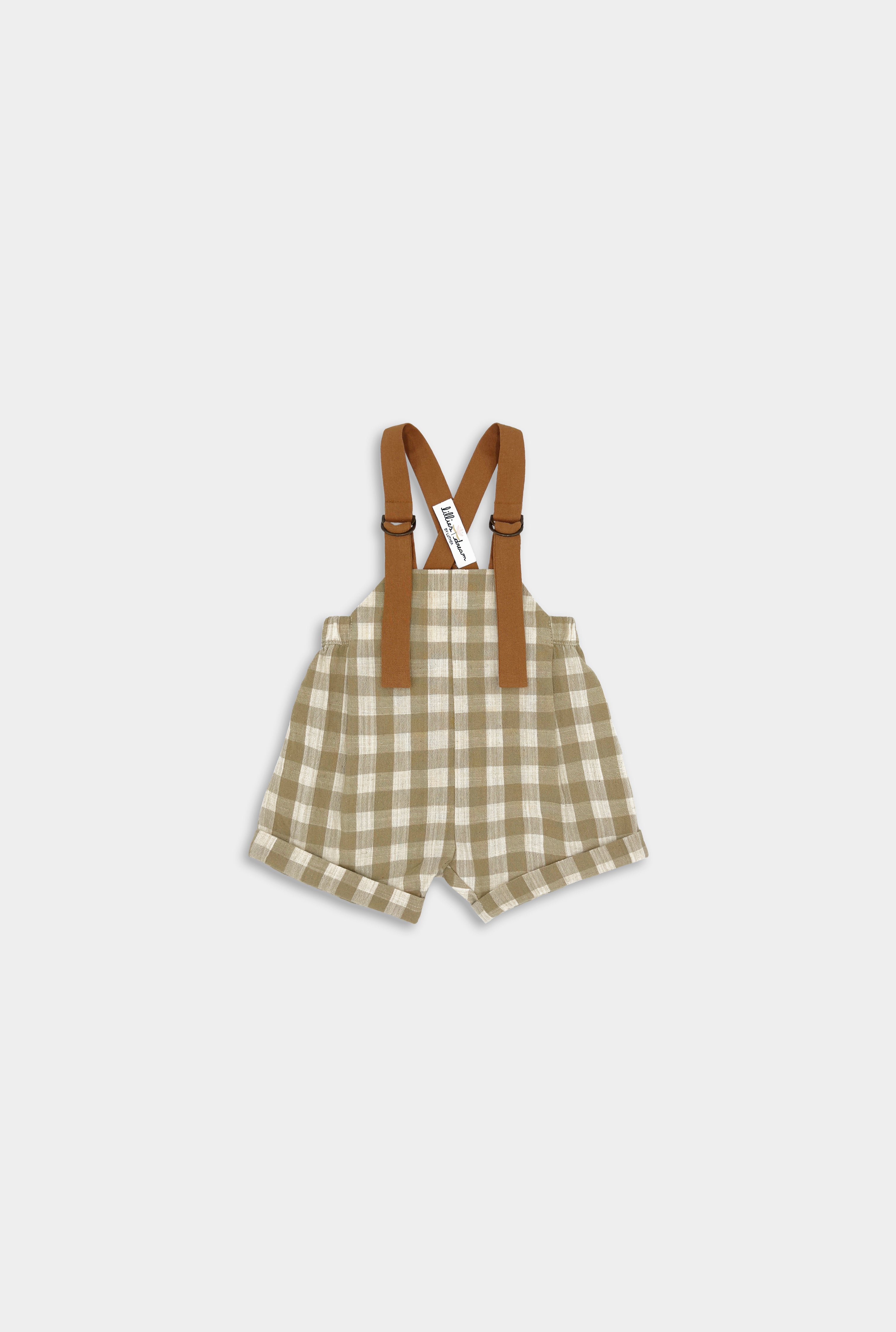Front view of Unisex Grow-With-Me Romper in Beige Gingham for boys and girls, featuring fully adjustable brown straps for a customizable fit as your child grows, stylish leather-looking straps for added durability, a timeless gingham pattern perfect for any occasion, and soft, breathable fabric ensuring all-day comfort.