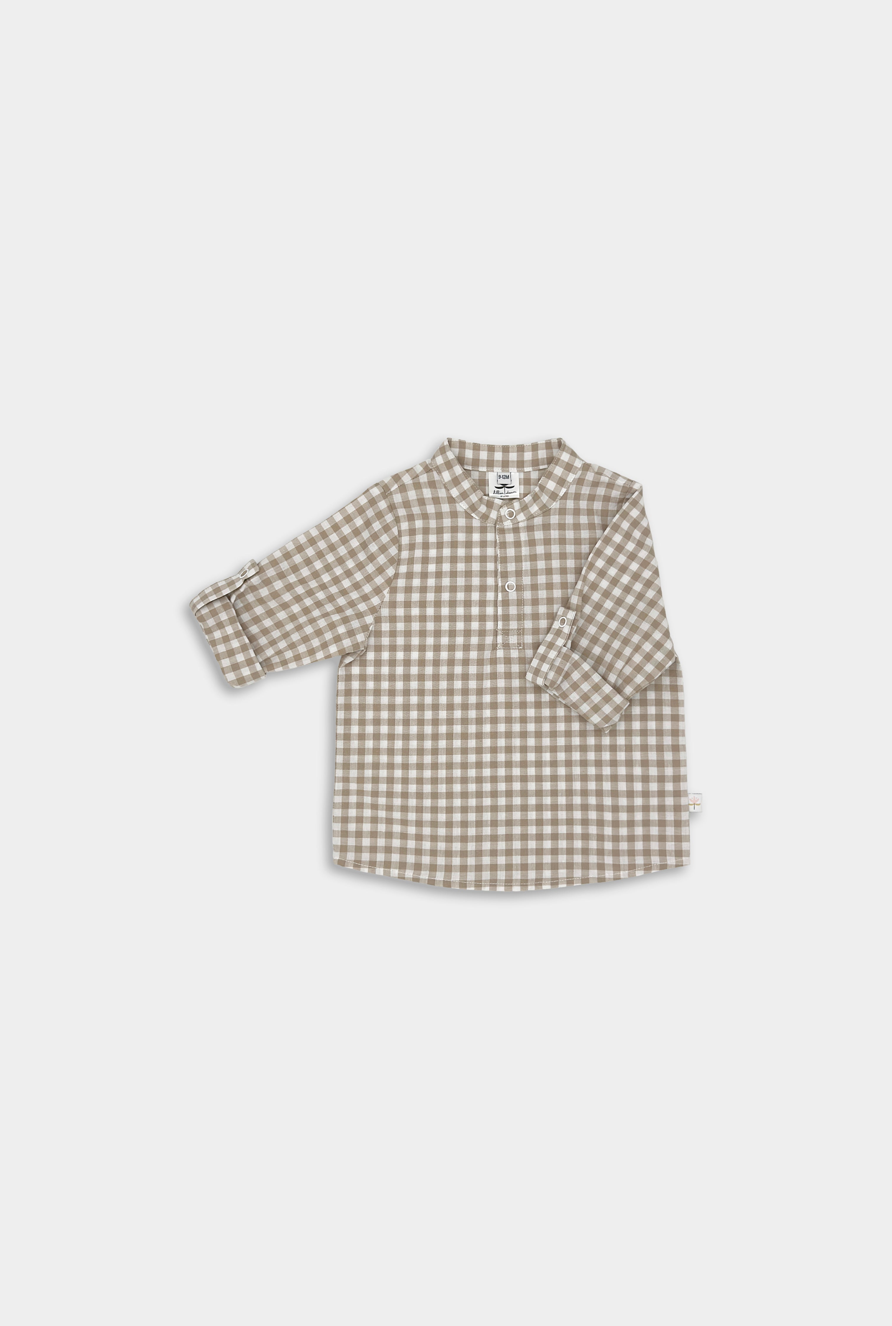 Front view of high Quality Beige Gingham Henley Shirt featuring a classic Henley placket and 3/4 cuffed sleeves that can be unrolled for layering. Made in natural cotton and pre washed.