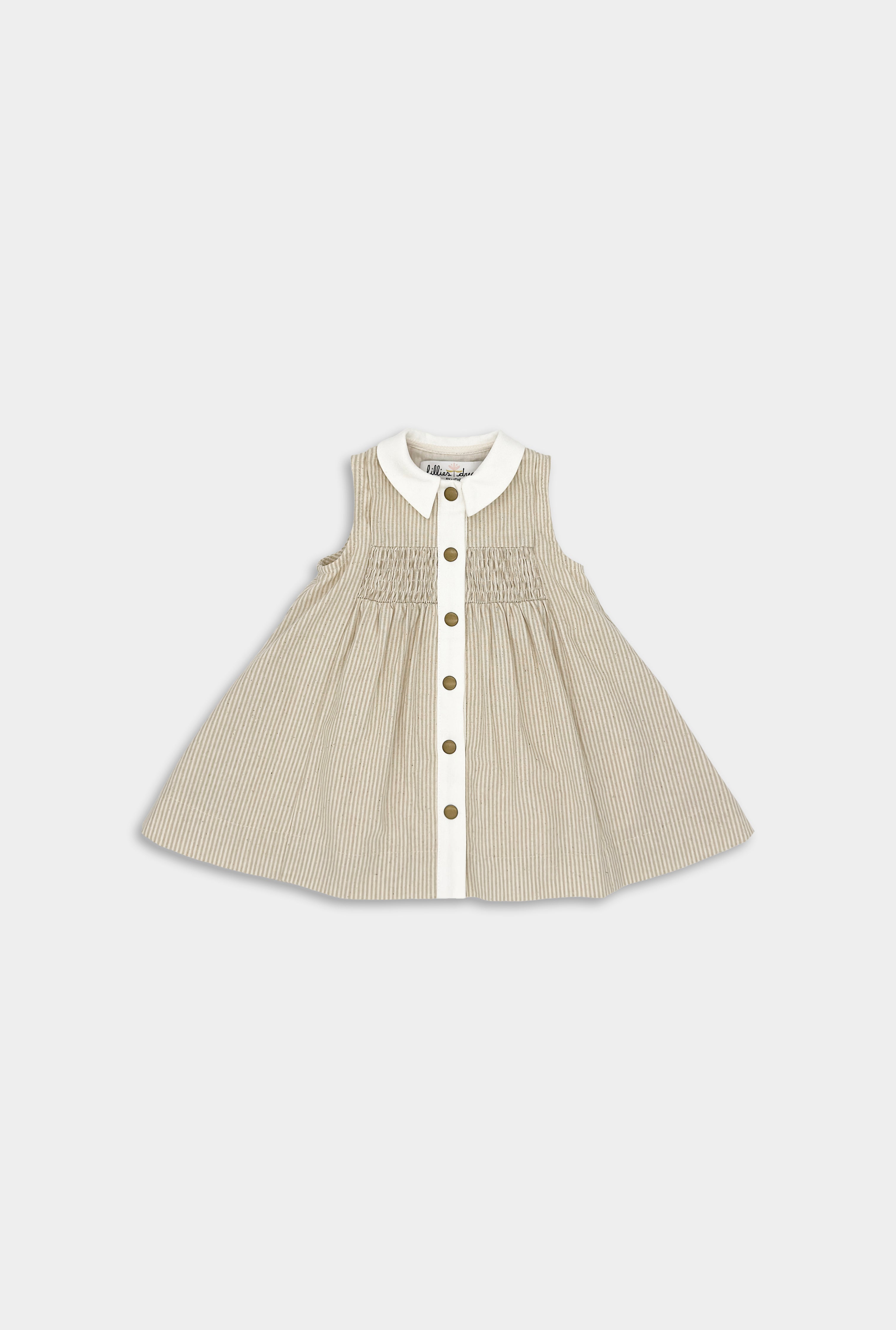 Front view of Beige Stripes Dress designed for little girls, featuring vintage-inspired sleeveless style, white linen collar and button placket adorable smocking and pleat accents, quick Antique Brass lead-free snap closure, playful above-the-knee length, fully lined with 100% cotton for comfort, and pre-washed to maintain shape and minimize shrinking, blending fun and elegance in sustainable children's wear.