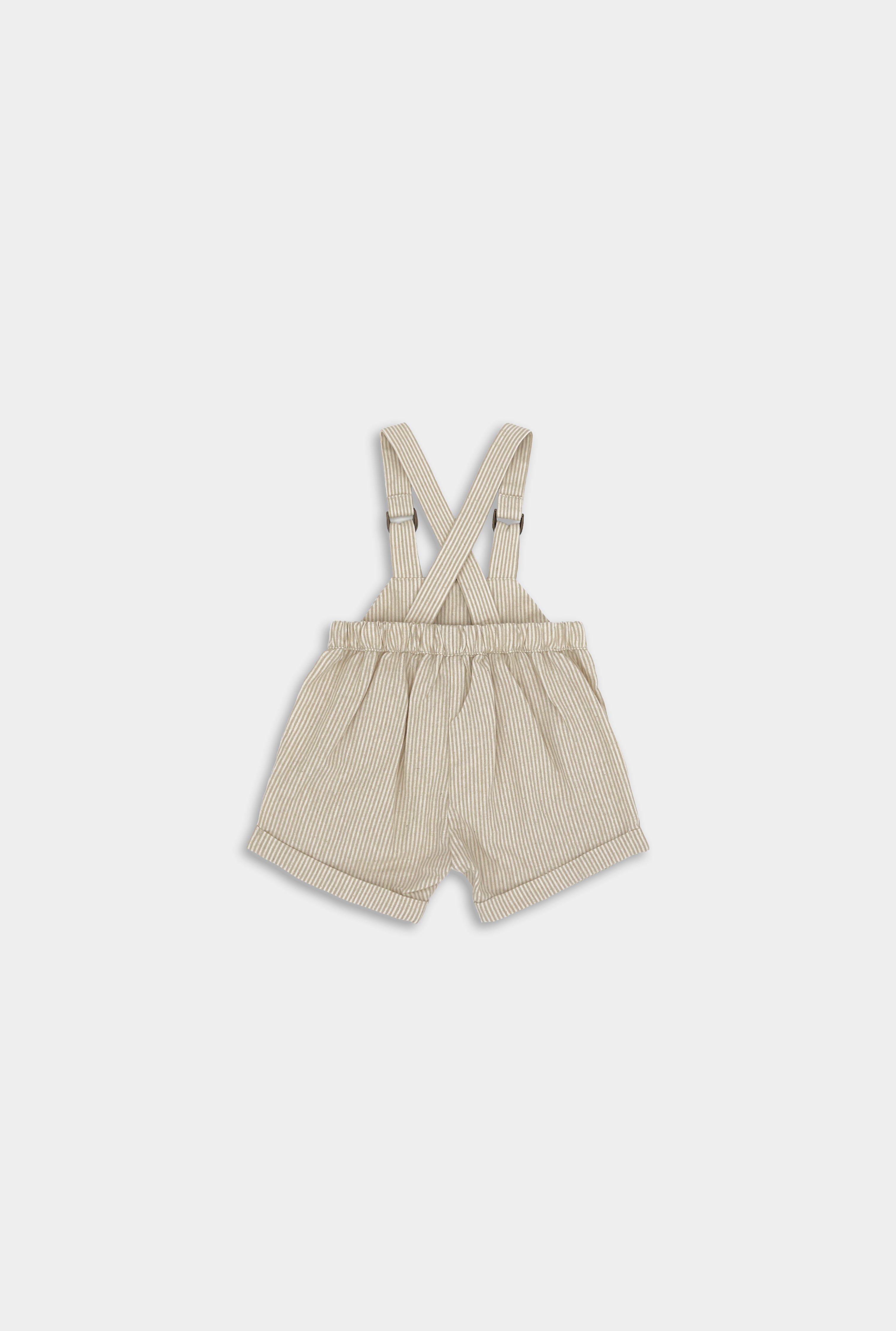 Back view of Grow-With-Me Romper - Beige Stripes designed for both boys and girls, featuring fully adjustable straps for a customizable fit as your child grows, classic timeless beige stripes pattern that never goes out of style, and comfortable, soft, and breathable fabric for all-day wear, blending functionality with enduring fashion in sustainable children's attire.