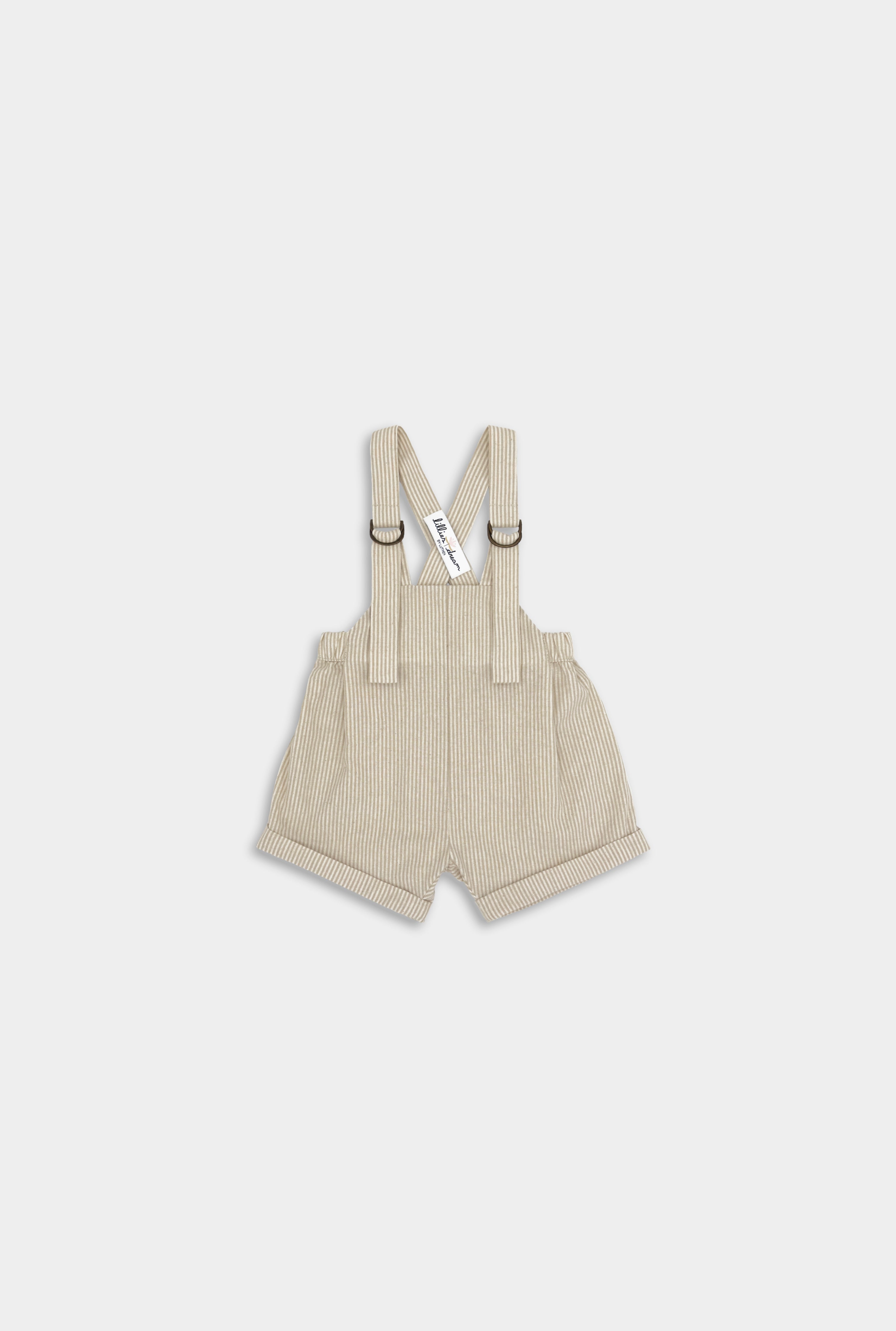 Front view of Grow-With-Me Romper - Beige Stripes designed for both boys and girls, featuring fully adjustable straps for a customizable fit as your child grows, classic timeless beige stripes pattern that never goes out of style, and comfortable, soft, and breathable fabric for all-day wear, blending functionality with enduring fashion in sustainable children's attire.
