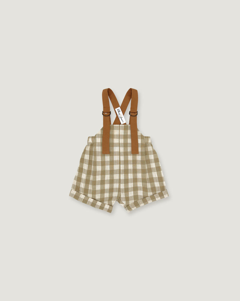 A baby romper with brown suspenders, featuring a beige and white gingham check pattern, shown flat on a light gray background.