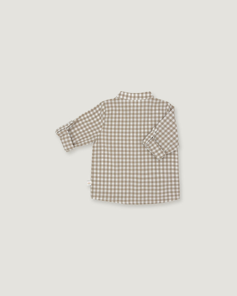 A children's long-sleeve button-up shirt with a small brown and beige gingham check pattern, shown from the back against a light gray background.