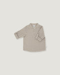 A long-sleeve children's button-up shirt with a brown and beige gingham check pattern, displayed flat against a light gray background.