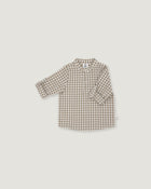 A long-sleeve children's button-up shirt with a brown and beige gingham check pattern, displayed flat against a light gray background.