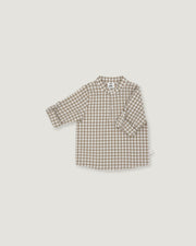 A long-sleeve children's button-up shirt with a brown and beige gingham check pattern, displayed flat against a light gray background.