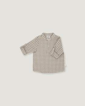 A long-sleeve children's button-up shirt with a brown and beige gingham check pattern, displayed flat against a light gray background.