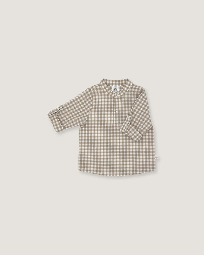 A long-sleeve children's button-up shirt with a brown and beige gingham check pattern, displayed flat against a light gray background.