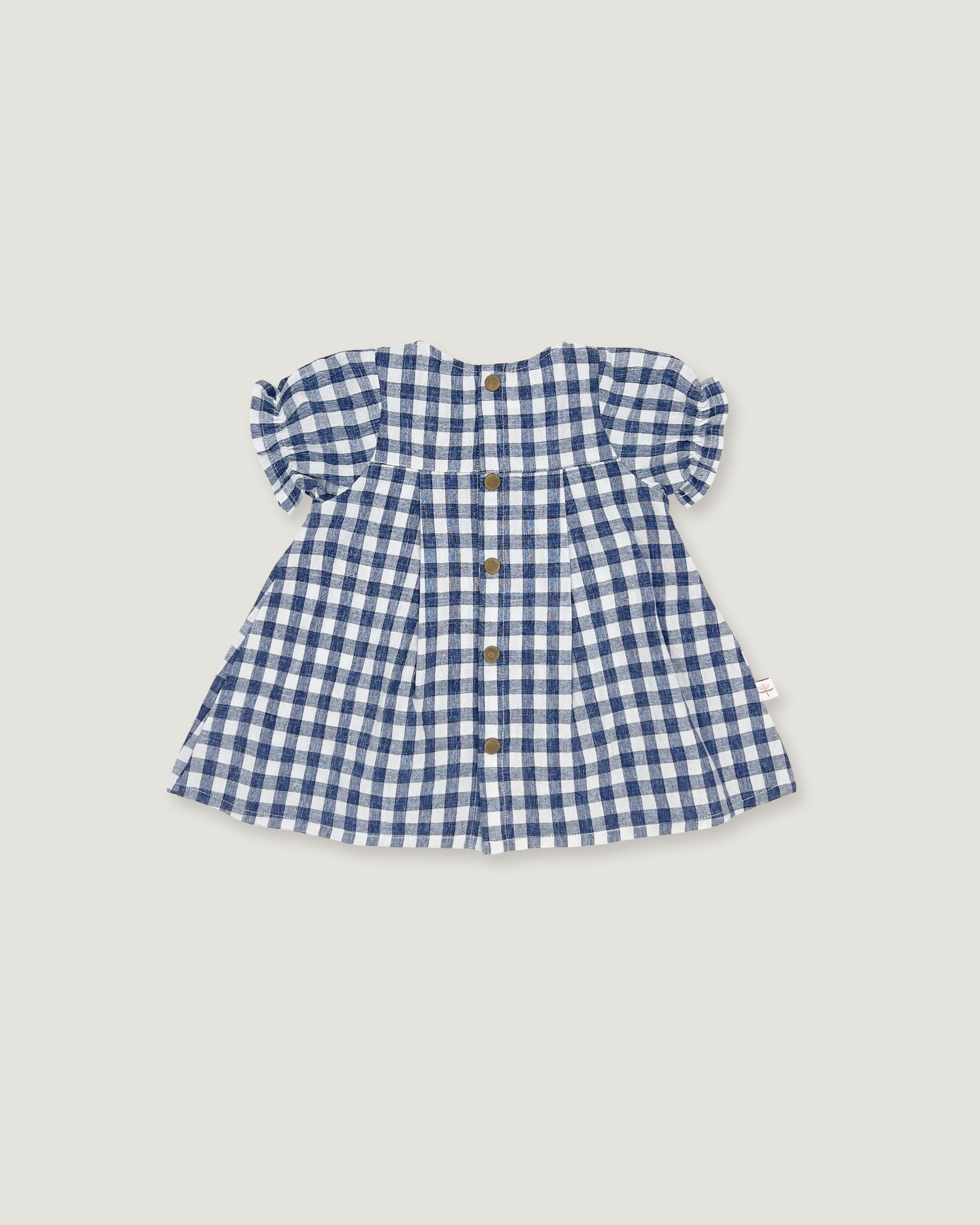 A blue and white gingham check baby dress with ruffled sleeves and a button-up front, shown flat on a light gray background.