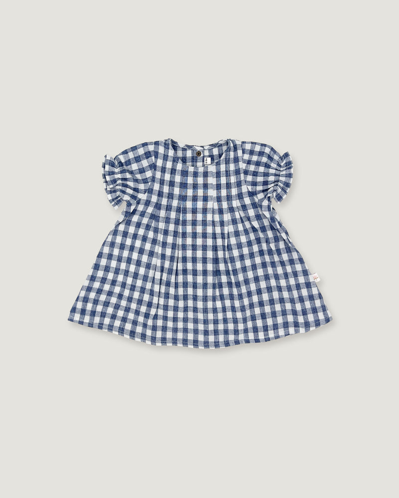 A toddler girl's short-sleeve dress in a classic blue and white gingham check pattern, featuring ruffled sleeves and a gathered skirt, shown flat on a light gray background.