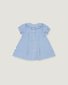 A blue and white gingham check baby dress with short flutter sleeves, a Peter Pan collar, and a buttoned front, shown flat on a light beige background.