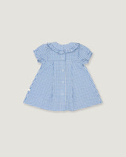A blue and white gingham check baby dress with short flutter sleeves, a Peter Pan collar, and a buttoned front, shown flat on a light beige background.