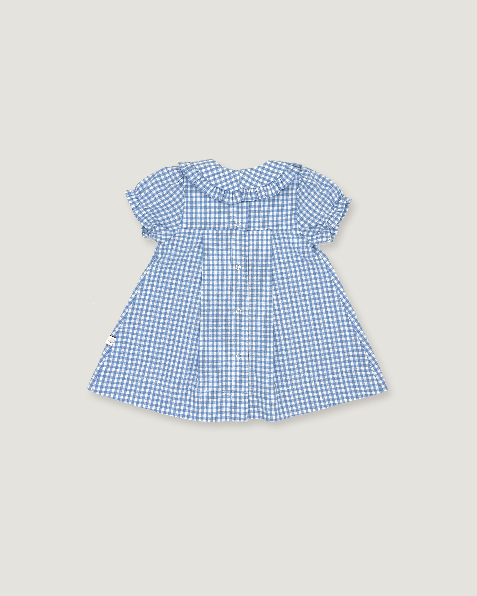 A blue and white gingham check baby dress with short flutter sleeves, a Peter Pan collar, and a buttoned front, shown flat on a light beige background.