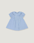 A blue and white gingham check baby dress with short flutter sleeves, a ruffled Peter Pan collar, and a gathered skirt, shown flat on a light beige background.