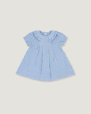 A blue and white gingham check baby dress with short flutter sleeves, a ruffled Peter Pan collar, and a gathered skirt, shown flat on a light beige background.
