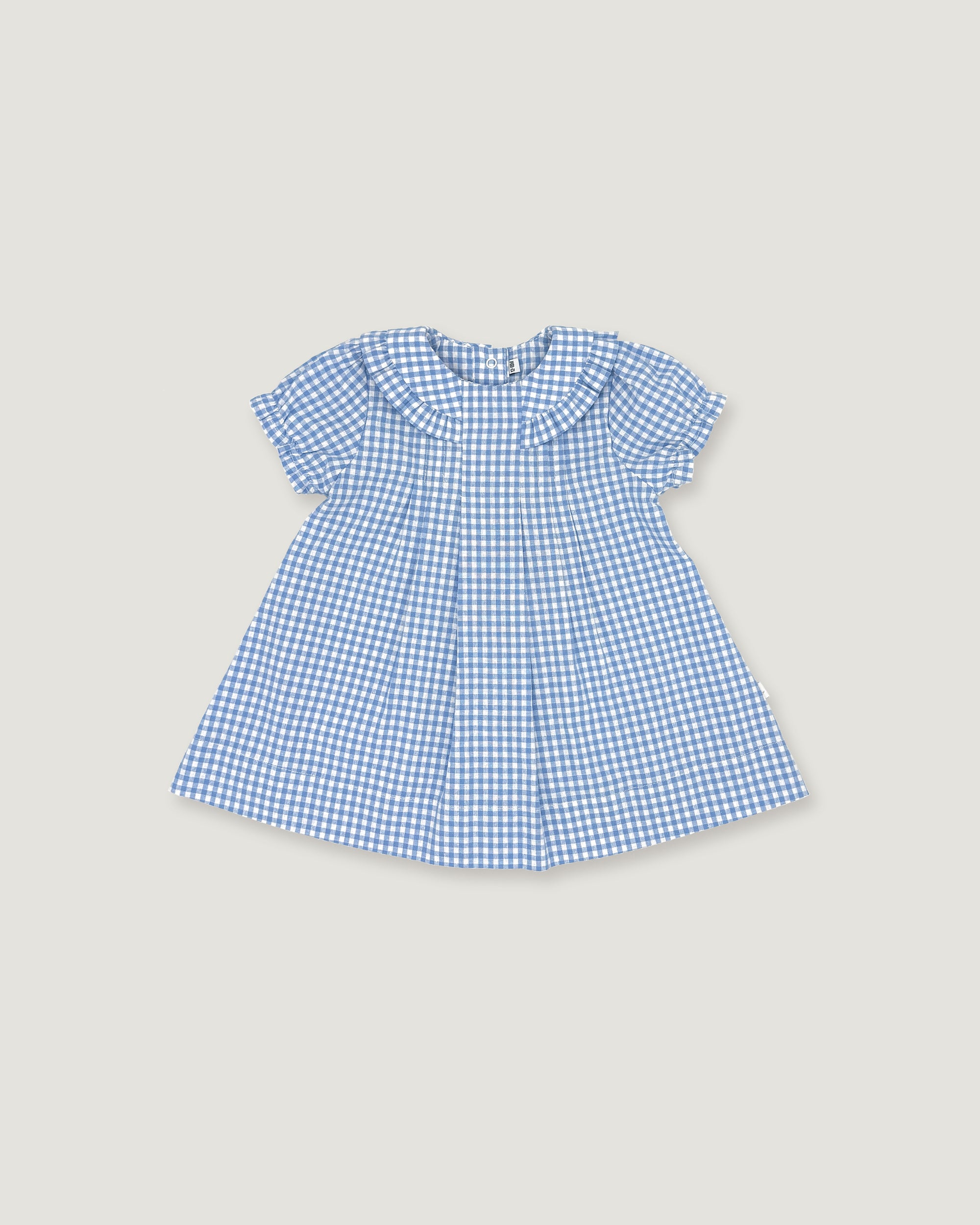 A blue and white gingham check baby dress with short flutter sleeves, a ruffled Peter Pan collar, and a gathered skirt, shown flat on a light beige background.