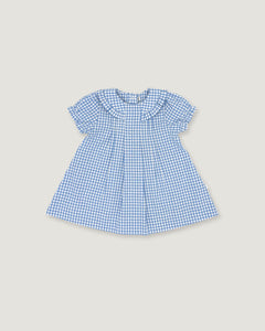 A blue and white gingham check baby dress with short flutter sleeves, a ruffled Peter Pan collar, and a gathered skirt, shown flat on a light beige background.