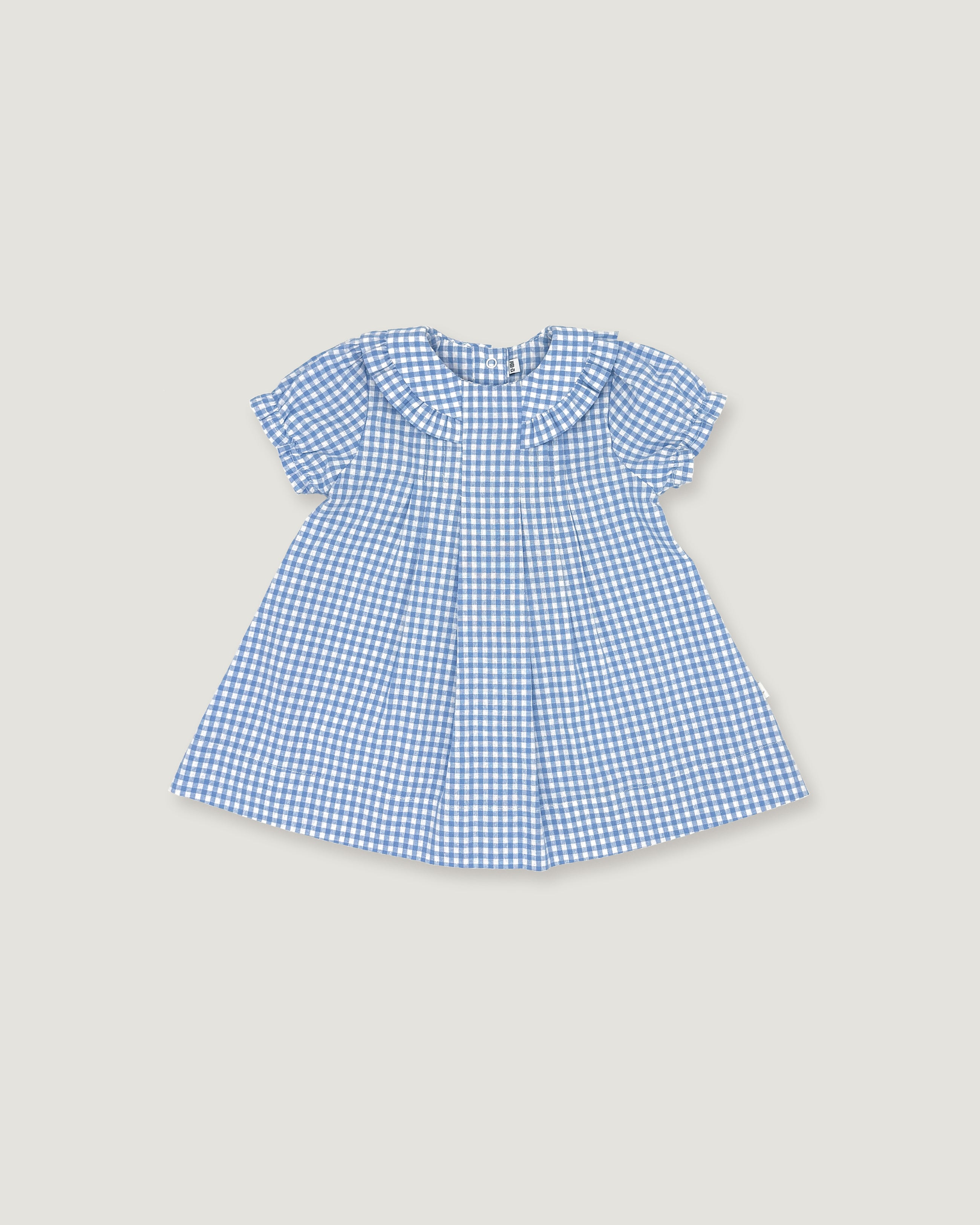 A blue and white gingham check baby dress with short flutter sleeves, a ruffled Peter Pan collar, and a gathered skirt, shown flat on a light beige background.
