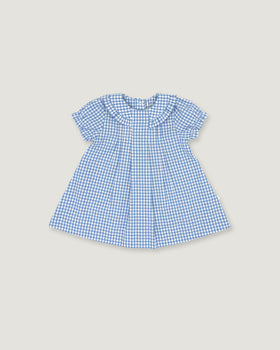 A blue and white gingham check baby dress with short flutter sleeves, a ruffled Peter Pan collar, and a gathered skirt, shown flat on a light beige background.