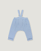 A pair of children's blue and white gingham suspenders with a high waist and wide legs, laid flat on a light beige background.