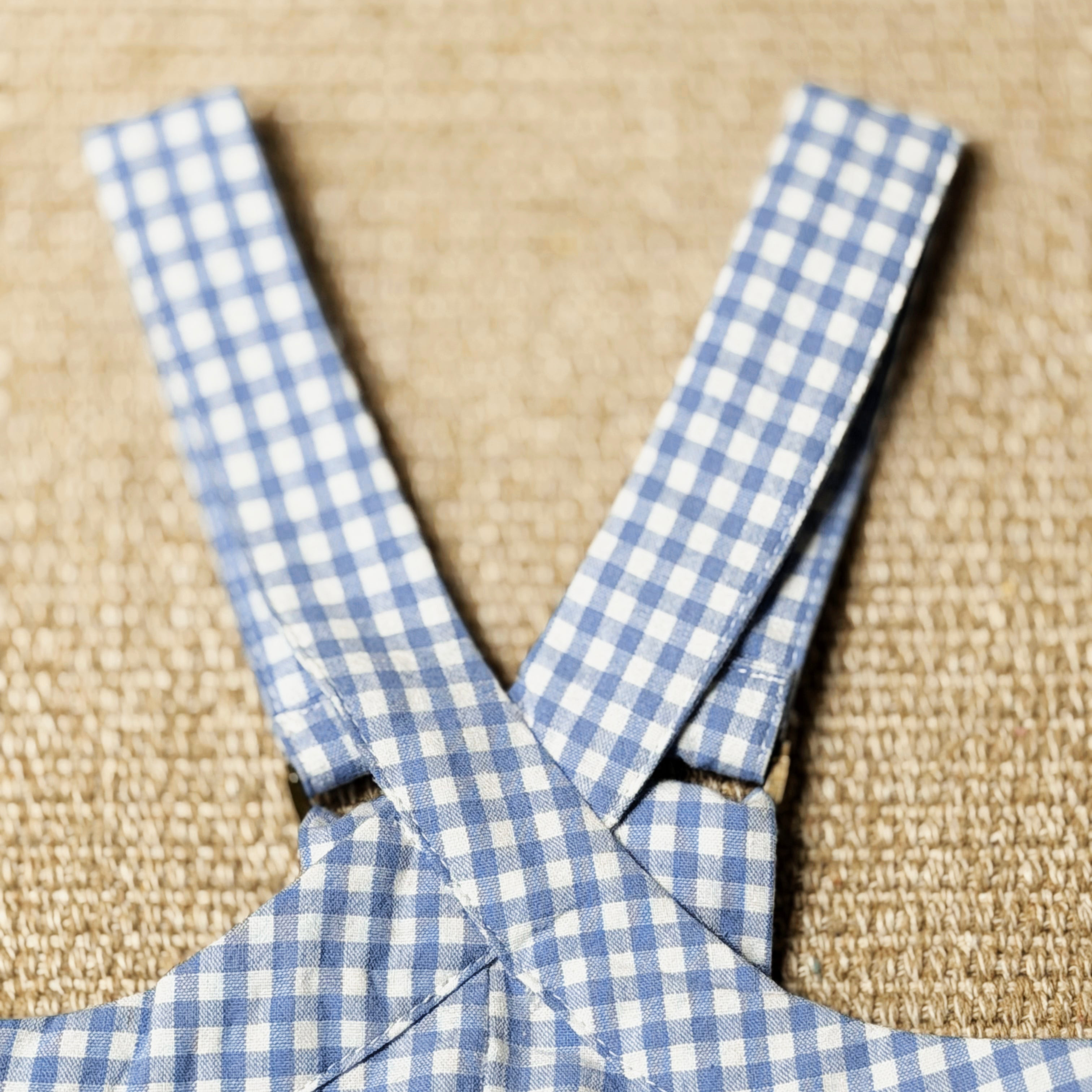 Blue and white checkered suspenders on a beige background
