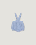 A baby romper with blue and white gingham check pattern and adjustable shoulder straps, shown flat on a light beige background.