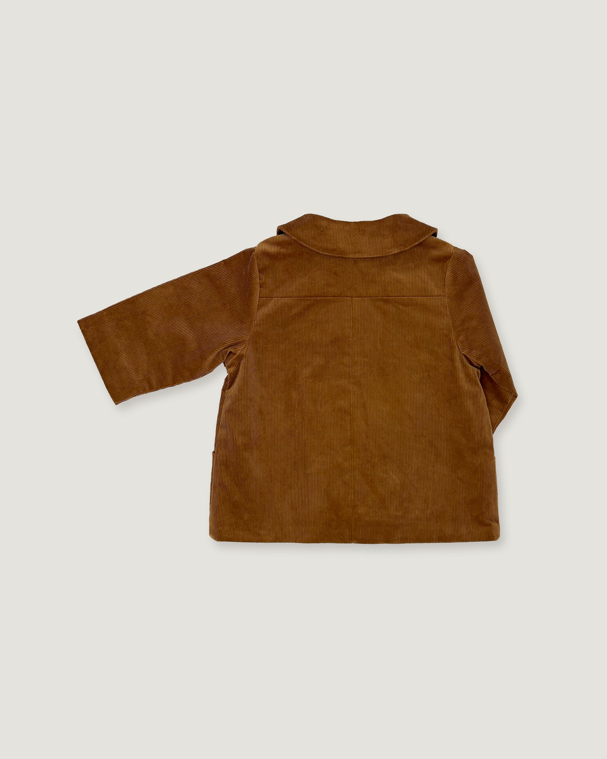 A brown suede jacket shown from the back, featuring a high collar and long sleeves, photographed against a solid light gray background.