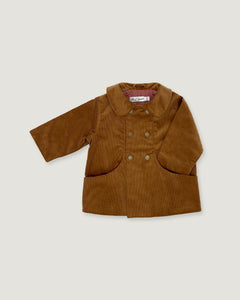 A brown corduroy jacket for toddlers, featuring a button-up front, a wide collar, and front patch pockets, shown against a light gray background.