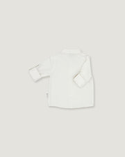 A white long-sleeve button-up shirt shown from the back, laid flat on a light gray background.