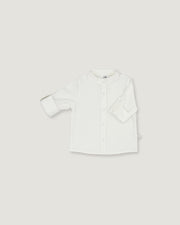 A white long-sleeve button-up shirt with a mandarin collar, displayed flat against a light gray background.