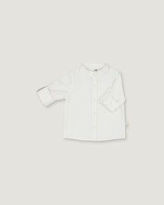 A white long-sleeve button-up shirt with a mandarin collar, displayed flat against a light gray background.