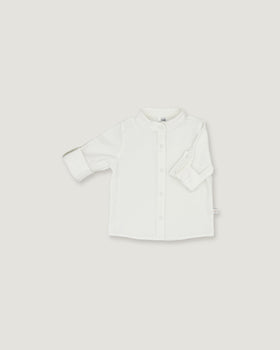 A white long-sleeve button-up shirt with a mandarin collar, displayed flat against a light gray background.