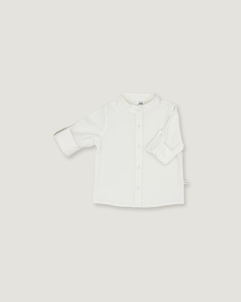 A white long-sleeve button-up shirt with a mandarin collar, displayed flat against a light gray background.