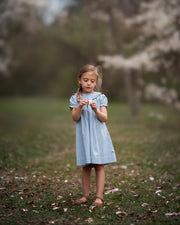 A young girl with blonde hair in a braid stands on a grassy path wearing a light blue and white gingham dress, with a soft-focus background of blooming trees.