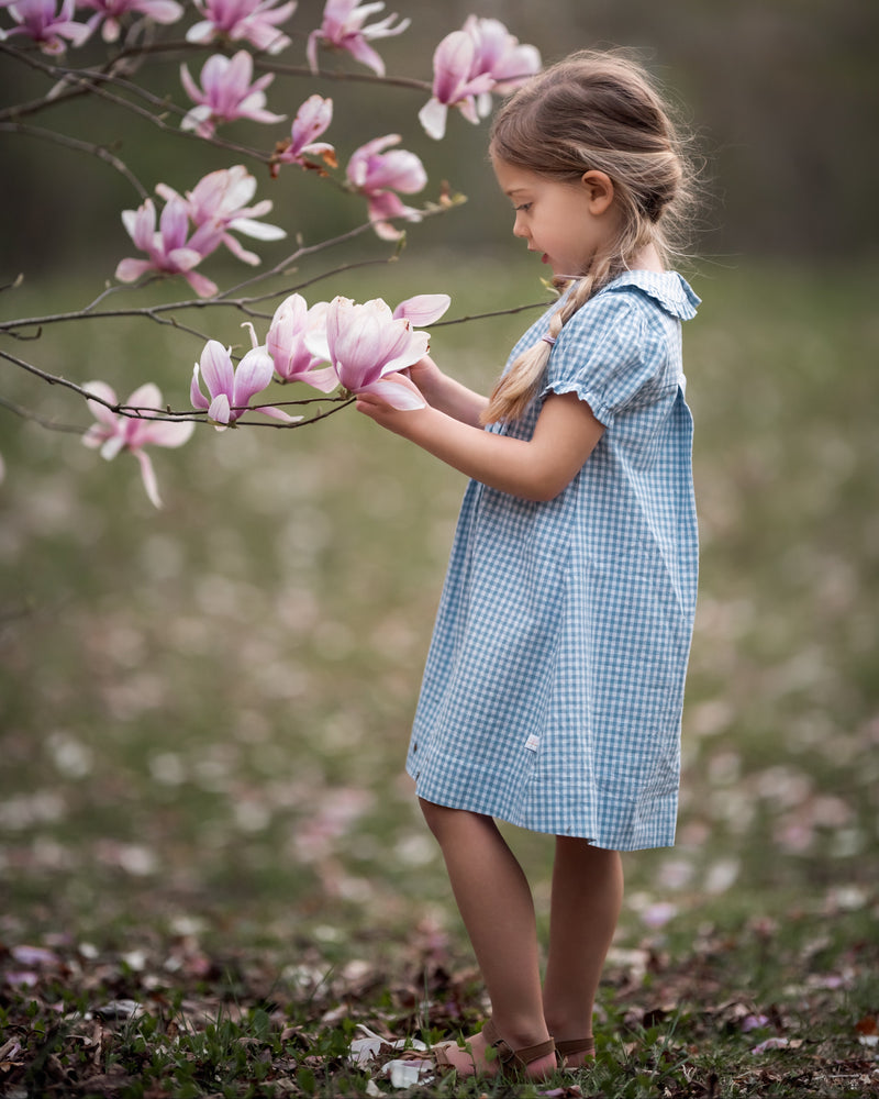 A young girl in a blue and white gingham dress stands in a grassy outdoor setting, reaching toward pink magnolia blossoms on a tree branch.