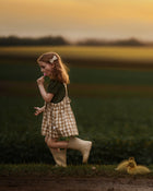 Little girl in a checkered pinafore walking with ducklings in a field at sunset