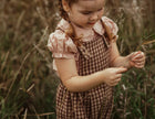 A young girl with braided hair stands in a grassy field, wearing a pink ruffled blouse and a brown gingham pinafore dress.