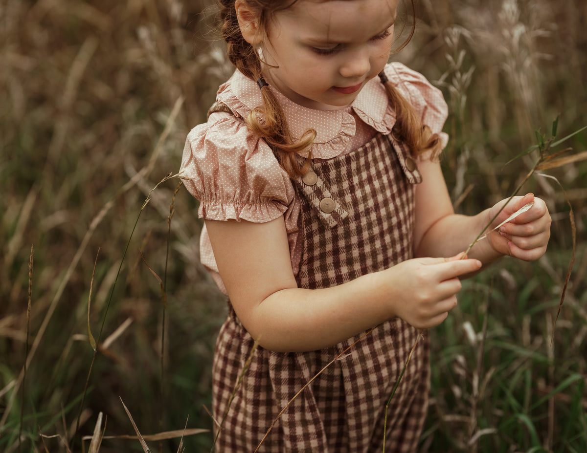 A young girl with braided hair stands in a grassy field, wearing a pink ruffled blouse and a brown gingham pinafore dress.
