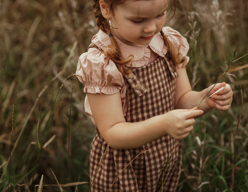 A young girl with braided hair stands in a grassy field, wearing a pink ruffled blouse and a brown gingham pinafore dress.