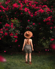 Little boy standing in front of a rose bush wearing green overalls seen from the back
