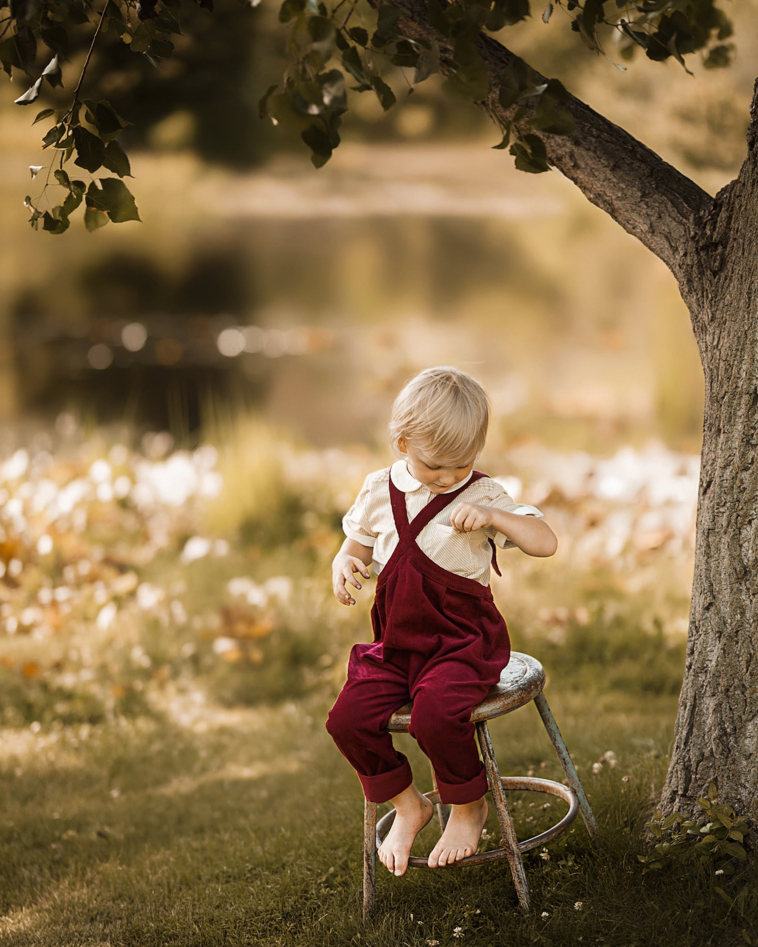 A young child with blonde hair sits barefoot on a small stool in a grassy outdoor setting under a tree, wearing a cream shirt and dark red overalls.