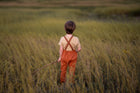 little boy in a field in orange overalls
