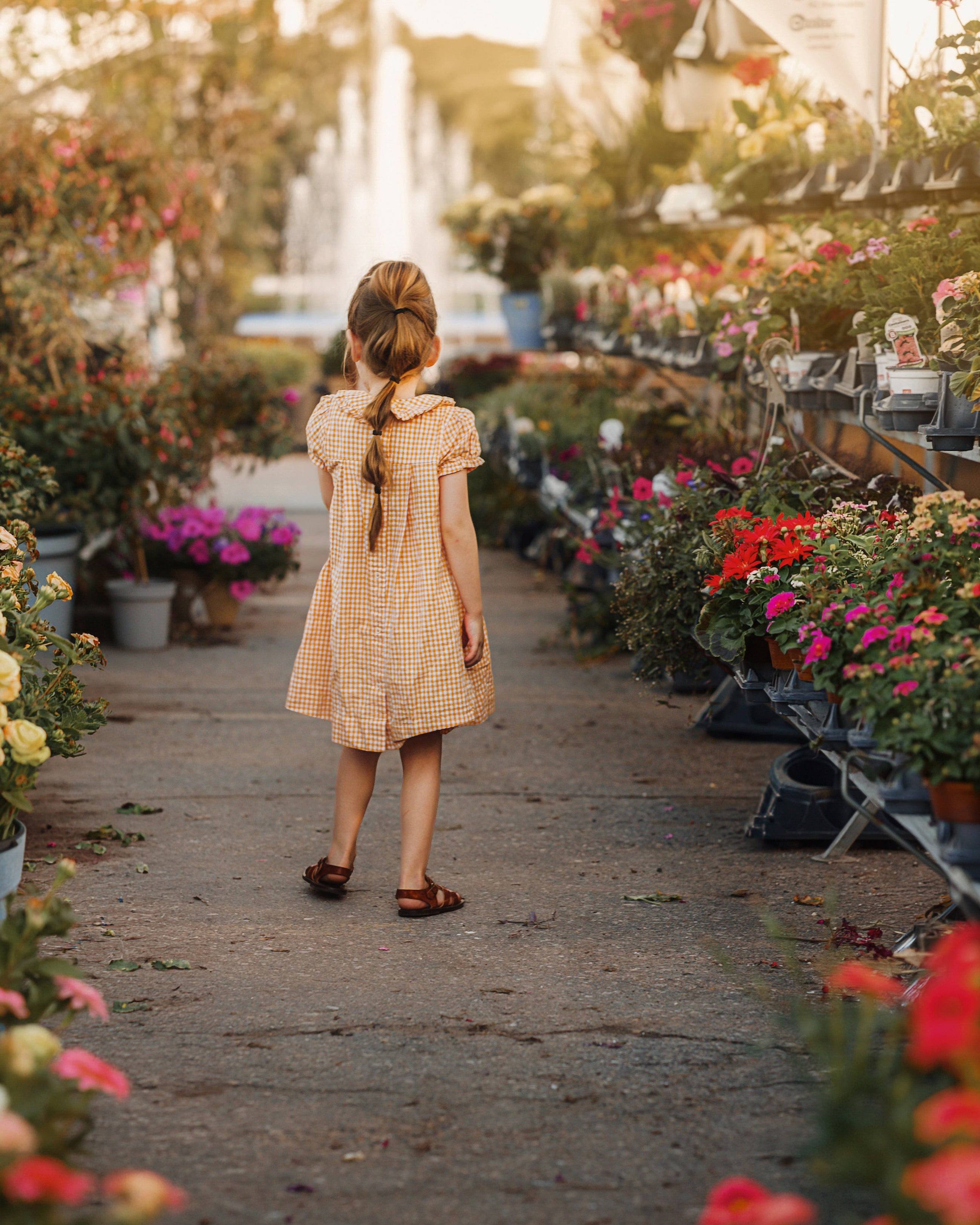 A young girl with a long braided ponytail stands on a path in a flower garden, viewed from behind. She is wearing a light peach gingham dress and brown sandals.