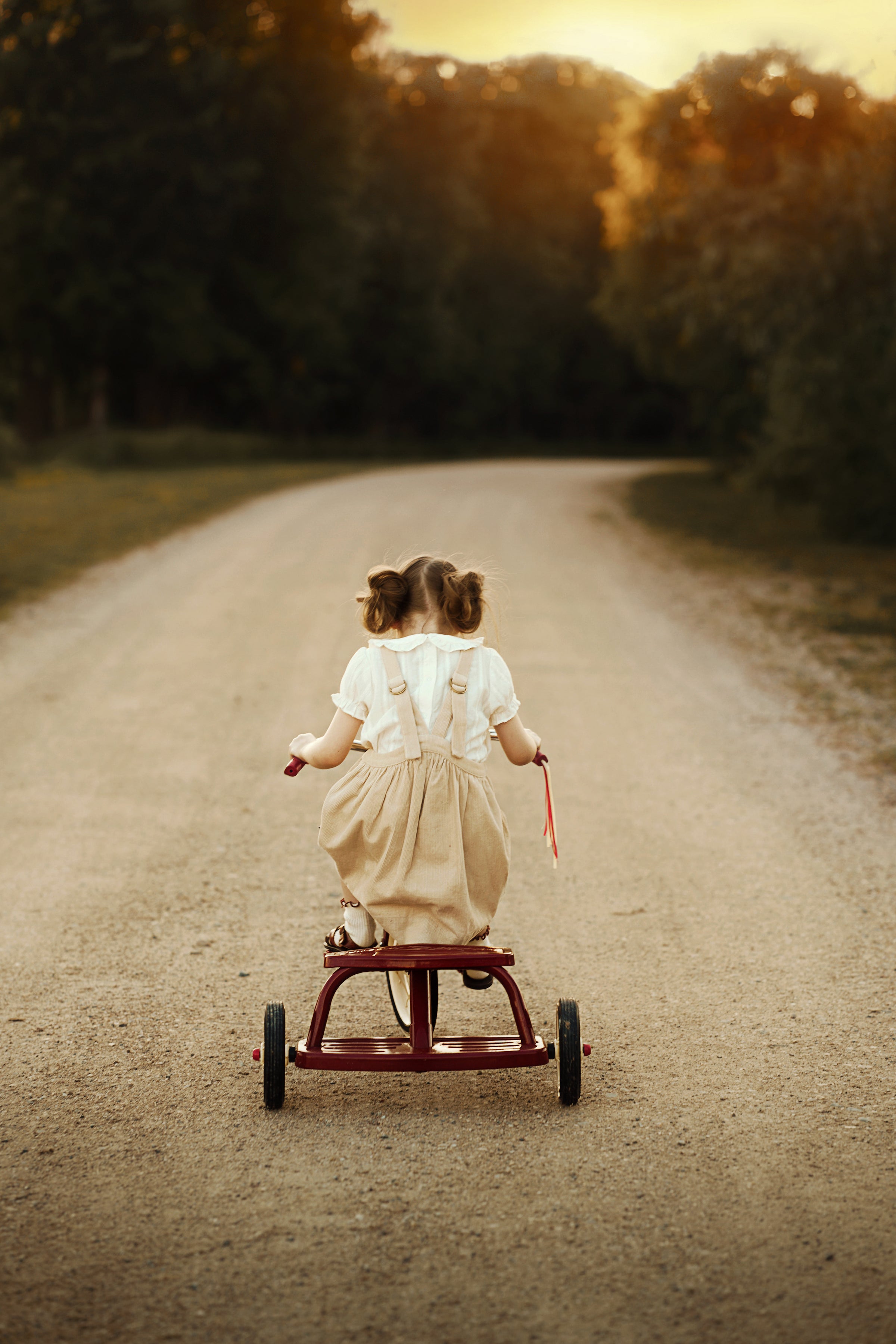 Two young children riding a small red tricycle down a dirt road, photographed from behind during golden hour with trees in the background.