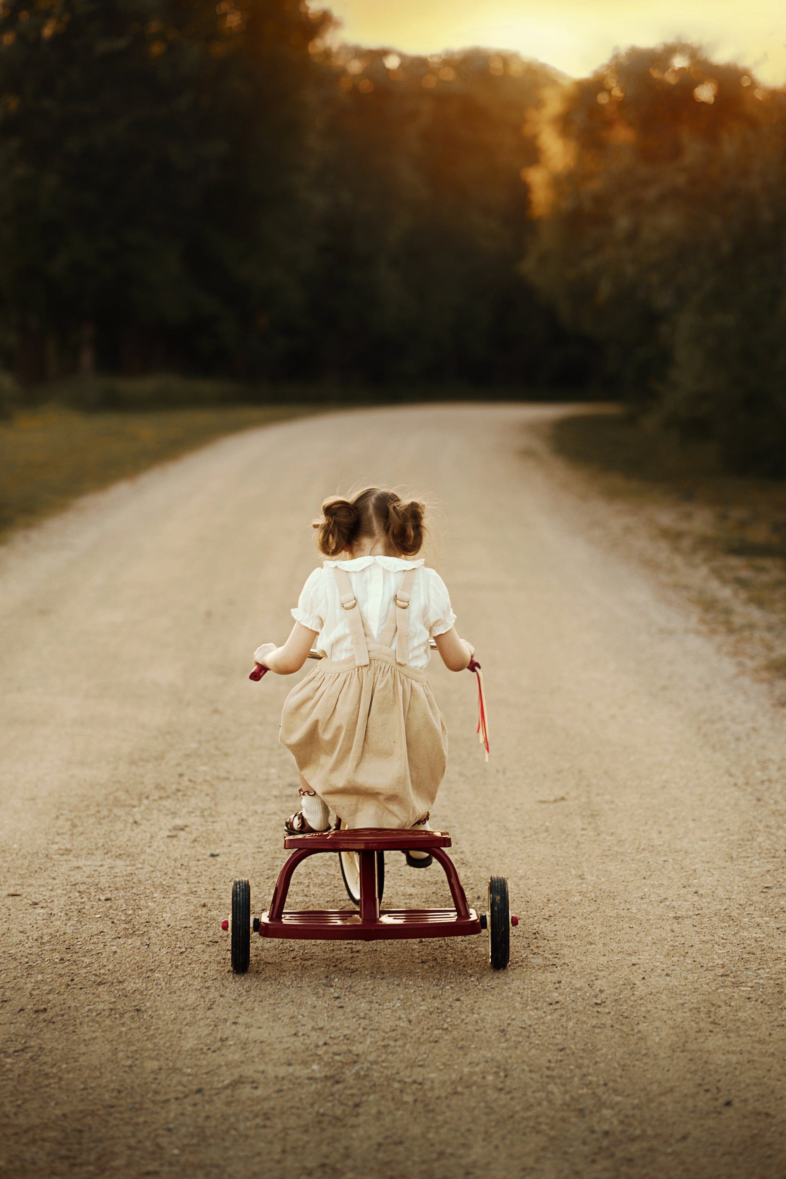 Two young children riding a small red tricycle down a dirt road, photographed from behind during golden hour with trees in the background.