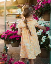 A young girl with a high ponytail and side braid stands with her back to the camera in a flower shop, wearing a yellow and white gingham dress. She is reaching towards hanging pink petunias on a metal rack, with other flowers and a warm, golden-hour background.