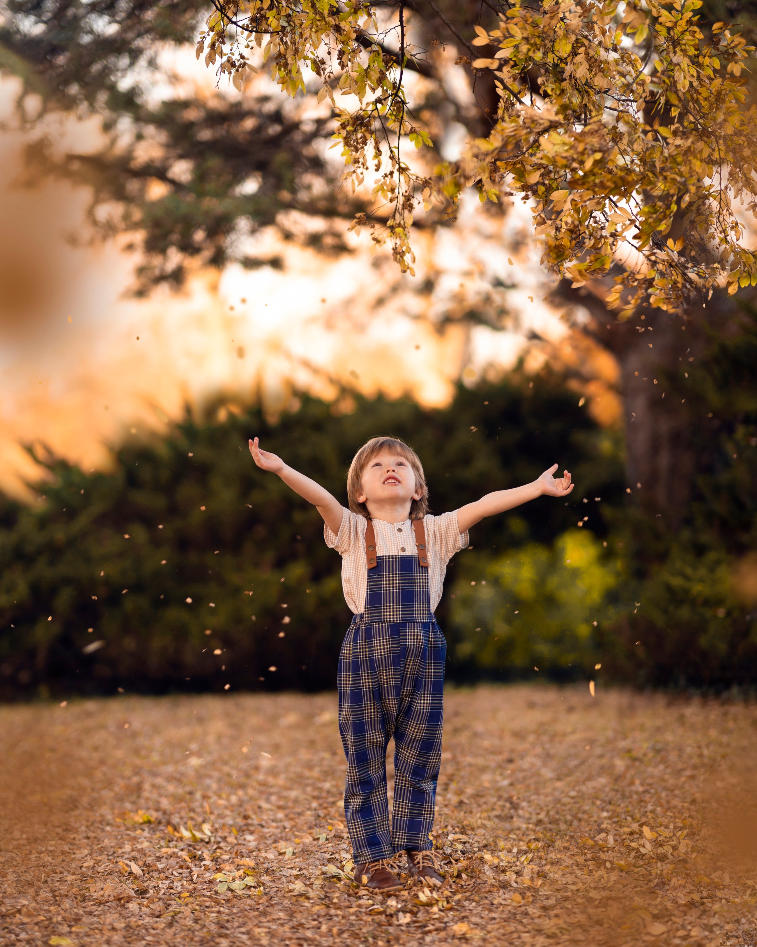 Child in checkered overalls standing outdoors with arms outstretched, surrounded by trees and sunlight.