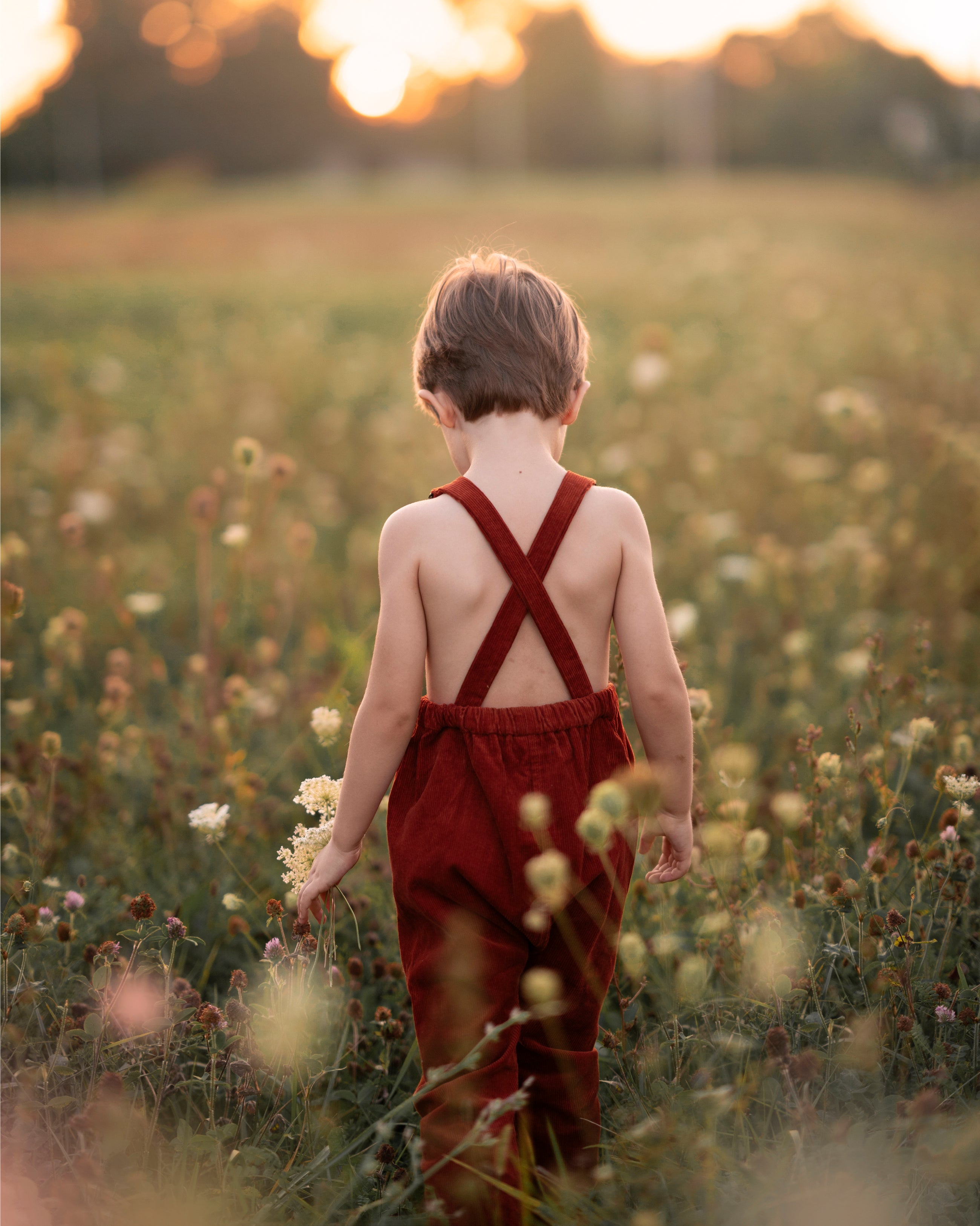 Child in red overalls standing in a field of wildflowers