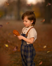 Child holding a leaf in an autumn setting with blurred background