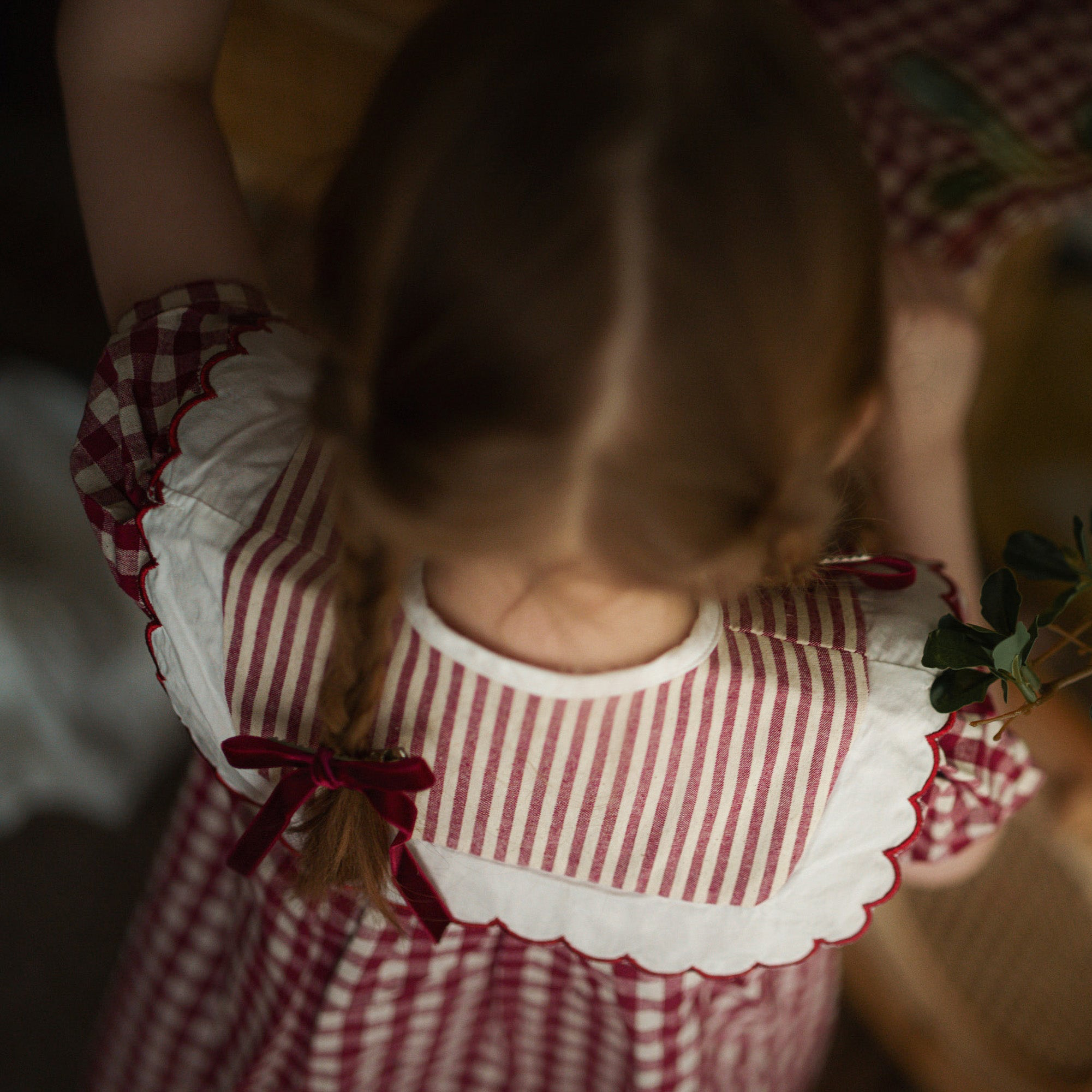 Child in a red and white checkered dress holding a plant